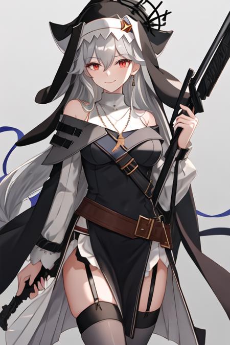 best quality, masterpiece, highres, solo, {specter_arknights:1.15}, long_hair, bangs, red_eyes, hair_between_eyes, smile, black_headwear, grey_hair, white_hair, very_long_hair, upper_body, hat, breasts, 1girl, belt, black_dress, black_thighhighs, capelet, dress, garter_straps, habit, jewelry, long_sleeves, looking_at_viewer, necklace, nun, pelvic_curtain, thighhighs, cowboy_shot, thighs, off_shoulder, black_belt, black_capelet, grey_background, grey_capelet, hand_up, holding, holding_weapon, weapon