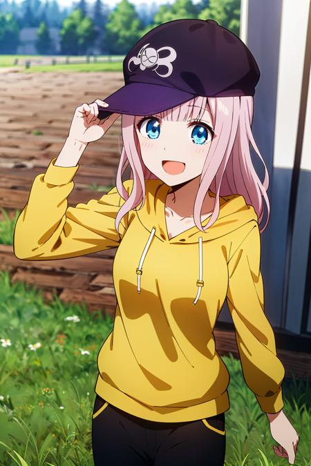 best quality, (masterpiece:1.2), detailed,
<lora:chara_Kaguya-samaWaKokurasetai_FujiwaraChika_v1:0.8>, fujiwara chika (kaguya-sama),
1girl, solo, open mouth, smile,
pink hair, blue eyes, long hair,
yellow hoodie, black pants, baseball cap, (purple cap:1.3), backwards hat,
standing, adjusting headwear, looking at the viewer,
outdoors, grass