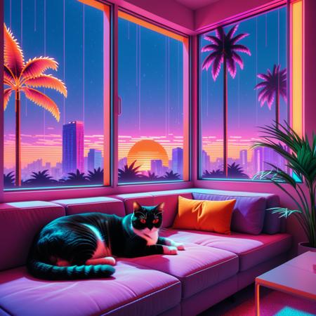 Retro arcade style vaporwave-inspired city avant garde window apartment, at dawn, glowing with deep orange and pinkish colors, and soft lavender neon, a cat in stylish relaxing pose, lying down on a sofa, peering through a window, warm ambient lighting from neon lamps, and palm tree projections on glass walls, gentle rain outside and smooth lo-fi music vibes inside, digital plants pulsing with color, a dreamy blend of future tech and cozy nightlife,   <lora:World_of_Glass_Filament:0.9> w0gf1l, neon . 8-bit, pixelated, vibrant, classic video game, old school gaming, reminiscent of 80s and 90s arcade games