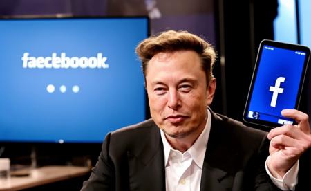 Elonmusk person holding up a playing card with the symbol for /"Facebook"/ - a post-apocalyptic world where the only hope is technology, ((Facebook, Instagram logos))