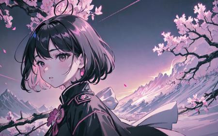 (best quality, masterpiece),(1girl, miko, coat, expression face, black eyes, looking at front ,black hair, walking, upper body), (night strray sky, huge old tree behind, falling glowing pink petals behind, shrine behind, mountain background, blowing wind, meteoric cloud)