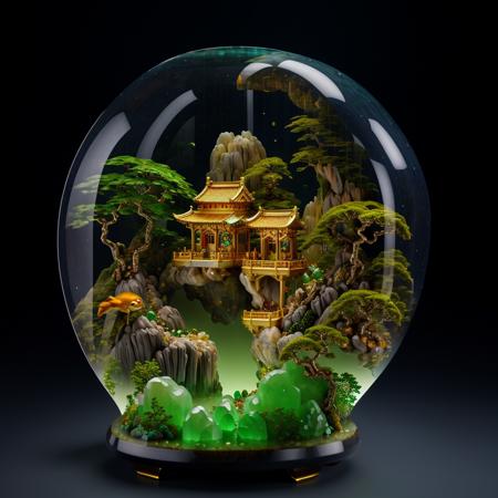 photorealistic,realive,miniature,bonsai in glass box,independent building,grass,nature,no humans,(underwater:1.3),fantasy,goldfish,
golden,gold trim,circular ring,fluorescent light,flsorescence,glow,glowing,jade and gem textured,(((mountain made of natural jades and Gems))),(waters),Ancient pavilion,plants,jewelry of jadeite and jade,genuine pearl,
(auspicious clouds:1.1),towering trees,light strip,transparent acrylic,<lora:ali_golden_v22:0.8>,