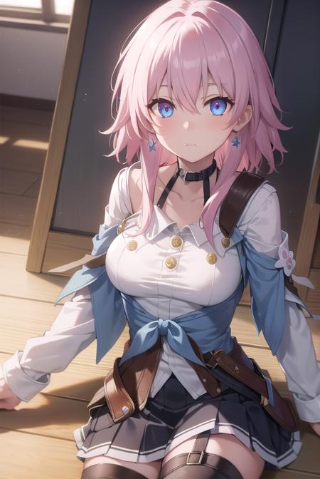 marchseventh, <lora:marchseventh-lora-nochekaiser:1>, 
march seventh, blue eyes, hair between eyes, medium hair, pink eyes, pink hair, two-tone eyes,
BREAK ankle boots, archery shooting glove, badge, bare legs, black choker, black corset, black footwear, black gloves, blue jacket, blue skirt, boots, button badge, buttons, choker, collarbone, corset, earrings, flower ornament, gloves, high heel boots, high heels, jacket, jewelry, long sleeves, miniskirt, partially fingerless gloves, pleated skirt, shirt, single earring, single glove, skirt, thigh strap, tied jacket, underbust, white shirt
BREAK looking at viewer, 
BREAK indoors, classroom,
BREAK <lyco:GoodHands-beta2:1>, (masterpiece:1.2), best quality, high resolution, unity 8k wallpaper, (illustration:0.8), (beautiful detailed eyes:1.6), extremely detailed face, perfect lighting, extremely detailed CG, (perfect hands, perfect anatomy),