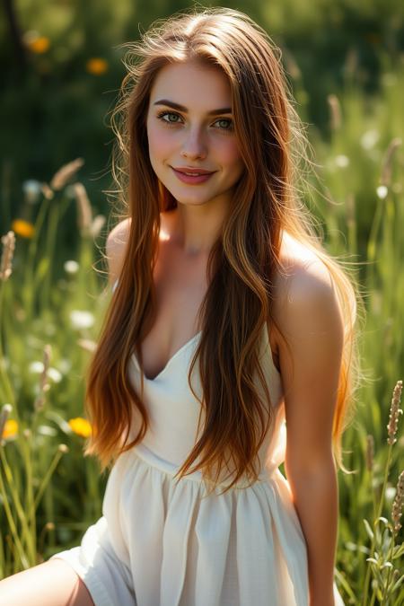 25yo woman, sun-drenched meadow, long chestnut hair, hazel eyes, soft smile, freckles, natural beauty, slender neck, small breasts, hourglass shape, toned thighs, delicate feet, interesting shadows, natural lighting, realistic style, photography. wearing transparent slavic linen dress.