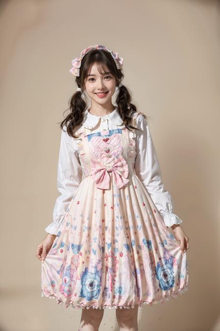 best quality, masterpiece, realistic, photorealistic, 1girl, solo, looking at viewer, smile, cowboy shot, standing, low twintails, hair bow, hair hair ornament, hair ribbon, bangs, cyb dress, white shirt, pinafore dress, print dress, simple background, <lora:sweet_attire_style3_v1:0.7>