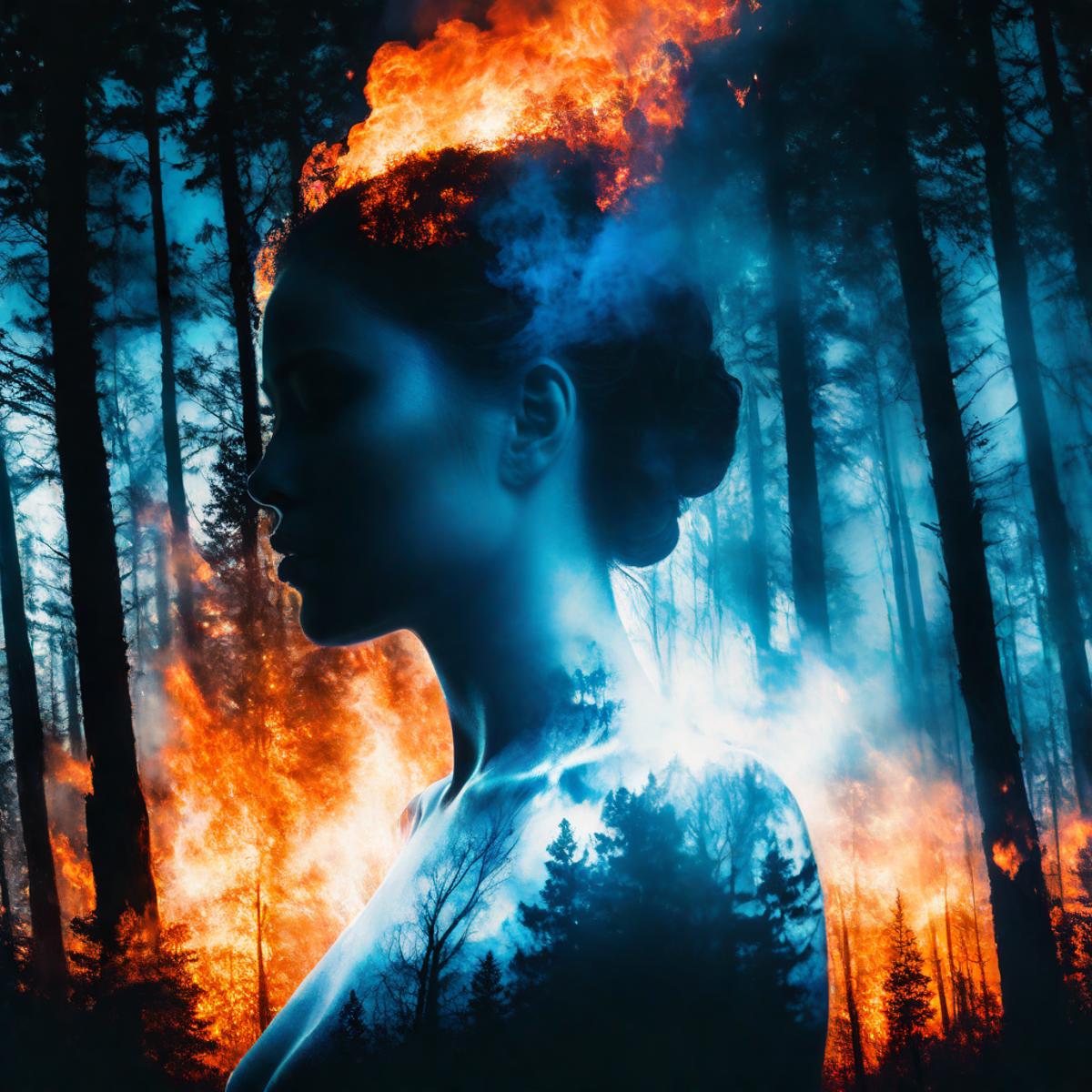 A woman with her hair up in a bun, surrounded by a forest with flames in the background.