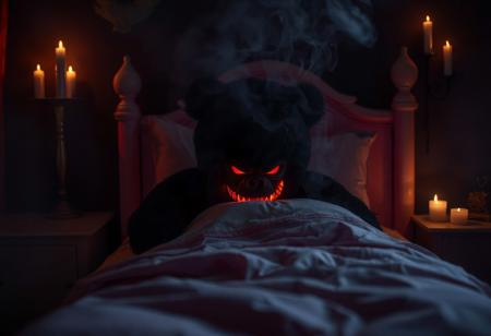 close-up, from behind, of a black deamon like teddy made of dens black smoke, houvering ghostlike over the end of a pink childs bed, only his red glowing grimm smile showing his horrific presence. in the bed is a scarred young ape face hiding under a pillow. soft fog raines like drops in slow-motion, glowing from the candles sorounding the bed. filling the dark room in dramatic lighting and dark shadows whispering horror and dark comedy.
Shot with a full-frame DSLR, 85mm lens at f/1.8 for shallow depth of field, ISO 400, 1/100 shutter speed. Natural light enhanced with slight post-processing contrast boost and warm tone grading. balancing organic beauty with macabre fantasy, creating a feeling as unsettling as compelling.