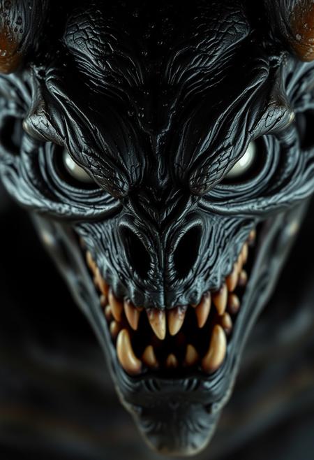 super close up shot of an underworld beast, small white zombie eyes, hyper realistic, ultra detailed, translucent oiled skin, black skin