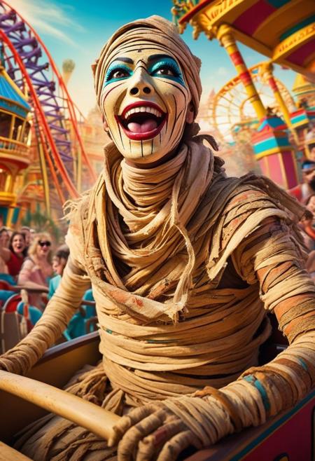 A hilarious and playful scene of an ((ancient mummy)) enjoying a thrilling roller coaster ride. The mummy, wrapped in tattered bandages, is shown grinning and holding on for dear life. The roller coaster is bright and colorful, with twisting tracks and loops that create a sense of excitement. The background shows a bustling amusement park, filled with screaming riders and various attractions, giving off an eerie yet entertaining atmosphere.