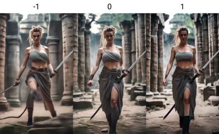 <lora:neg4all_xl_bdsqlsz_V4:-1>
slender woman in chainmail halter top, hair in messy bun, big breasts, lunging to the camera with a saber, dynamic pose among ancient ruins