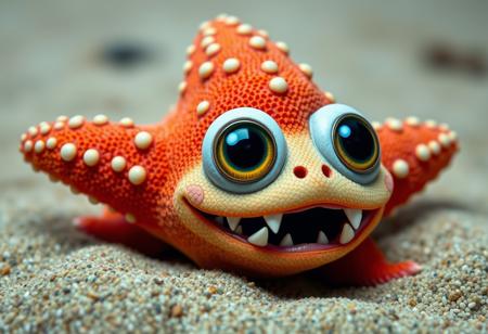 An adorable cuddly creature with huge eyes and pointy teeth, creepy cute. Starfish