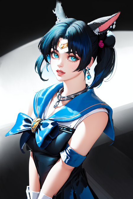 Contrast Pop Art, 1girl, solo,Sailor moon, twin tails, hair buns,  looking at viewer, short hair, simple background, black hair, green eyes, animal ears, jewelry, blue hair, multicolored hair, earrings, rabbit ears, collar, two-tone hair, lips, black background, portrait, gradient theme, viera<lora:Contrastv2:0.75>