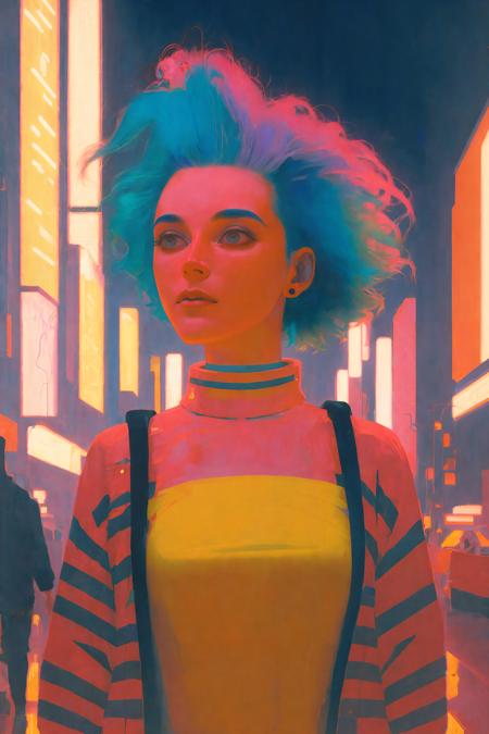 Beautiful neon haired woman, (art by George Tooker and Julie Mehretu:1.1), beautiful lighting,