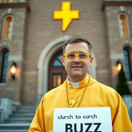 Man wearing yellow glasses and a yellow priest uniform in front of church which has a gold lightning bolt symbol instead of cross, he is wearing golden lighning bolt symbol necklace prominently visible, he is holding sign with text "Please donate to church of BUZZ"