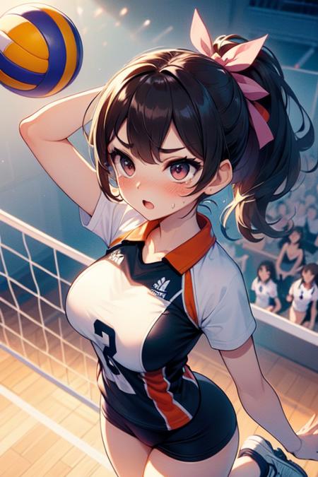 volleyball multiple girls jumping chest out raise head raise shoes legs up sportswear wind  night crowd stadium cinematic light