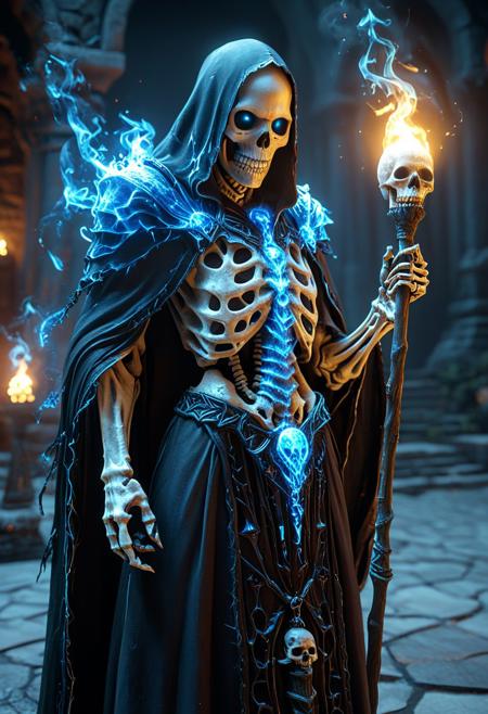 (Skeleton mage), holding a staff made of skulls, (wearing a black robe), soul lamp, soul blue fire, (black magic, soul magic, weakening magic, shadow magic, undead disaster, plague magic), summoned creatures , dark creatures, undead, best quality, CG animation, official art, world of warcraft, ancient temple background, smooth rendering, unreal engine 5 rendering, octane rendering, ray tracing, dark studio, edge lighting,