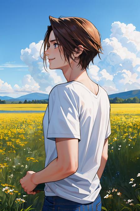 masterpiece, best quality, <lora:squall-nvwls-v1-000009:0.9> squall, scar, from behind, white t-shirt, jeans, standing, hill, field, blue sky, smile, wide shot