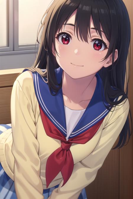 inarifushimi, <lora:inari fushimi s1-lora-nochekaiser:1>,
inari fushimi, long hair, black hair, (red eyes:1.3), smile,
BREAK skirt, school uniform, serafuku, blue sailor collar, shirt, (light yellow shirt:1.5), long sleeves, blue skirt, neckerchief, (red neckerchief:1.5),
BREAK indoors, classroom,
BREAK looking at viewer, (cowboy shot:1.5),
BREAK <lyco:GoodHands-beta2:1>, (masterpiece:1.2), best quality, high resolution, unity 8k wallpaper, (illustration:0.8), (beautiful detailed eyes:1.6), extremely detailed face, perfect lighting, extremely detailed CG, (perfect hands, perfect anatomy),