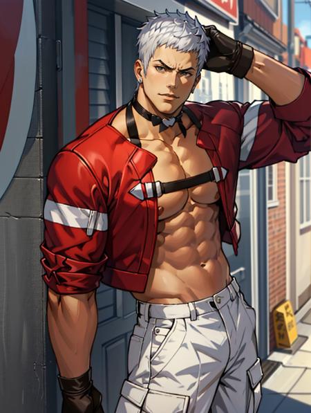 yashiro (kof) white hair heart choker red jacket open clothes