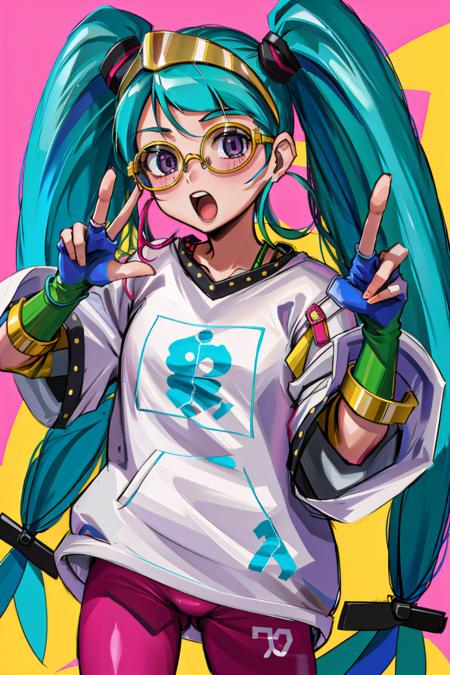 (masterpiece, best quality, highres, ultra detailed:1.2), (solo, 1girl, cowboy shot), nomarumiku, blue hair, twintails, tinted glasses, shirt, fingerless gloves, jewelry, print shirt, black eyes, pants, rings, hoop earrings, BREAK, (dynamic pose, peace signs), BREAK, (meadow, blue skies, detailed background:1.1)