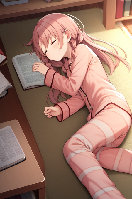 hiiraginemu, hair down, long hair, pajamas, sleeping, book, lying, on side