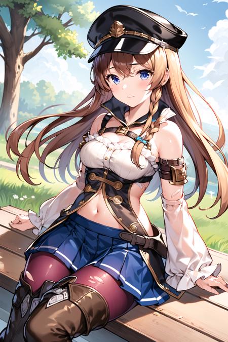 best quality,masterpiece,
1girl, solo,boots, skirt, blue eyes, long hair, pantyhose, navel, torn clothes, sheath, brown hair, pleated skirt, braid, thighhighs, blue skirt, peaked cap, thigh boots, miniskirt, detached sleeves,