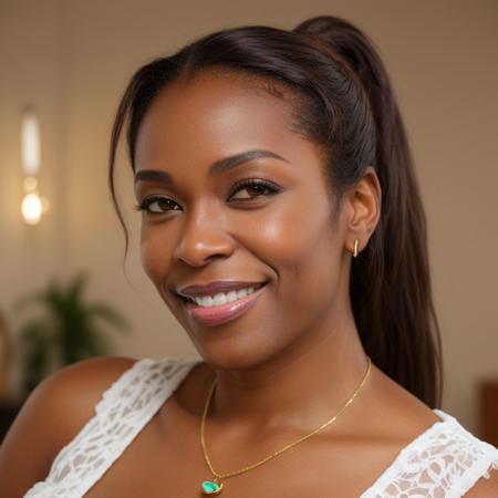 score_9, score_8_up, score_8, BREAK, 1girl, solo, female focus, (a 44 year old black woman:1.2), (beautiful smile, brown skin), ((face portrait)), brown skin, brown eyes, brown hair, ponytail, blouse