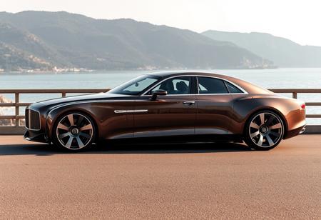 Luxury, elegant four-door sedan car with smooth lines, large wheels, distinctive front grille, and sleek retrofuturistic body design in side view yfg-sde perspective. On the French riviera.
