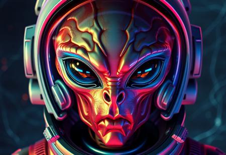 Create a stunning, iridescent, and highly detailed 8K image of a fusion between an astronaut and a Buizel, with a perfectly symmetrical alien face, incorporating elements of Pixar and Disney animation, and the styles of Alphonse Mucha and Frank Frazetta. Include intricate details such as veins, micro details, and lifelike textures. The image should be a masterpiece with a dramatic and surreal atmosphere, inspired by the phrase 'to infinity and beyond.' Incorporate neon wiring and silver filigree, and render it in Octane Render with cinematic quality.