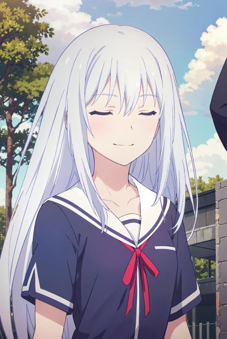 (extremely detailed CG unity 8k wallpaper), (masterpiece), (best quality), (ultra-detailed), (best illustration), (best shadow), (absurdres), 1girl, solo,   <lora:masuzu-11:0.7>,Masuzu, closed eyes, long hair, smile, 1girl, school uniform, white hair, short sleeves, ribbon, shirt, white sailor collar, closed mouth, outdoors, solo focus, upper body, tree, red ribbon, neck ribbon, serafuku, bangs, collarbone, sky, sailor collar, blue shirt, hair between eyes, cloud