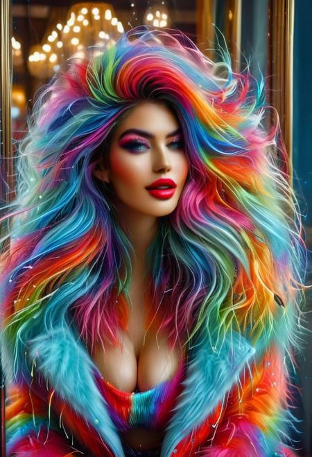 (((Full body photograph including head, body, legs and foot))) of a smiling (beautiful) woman. (Symmetrical face), Long hair with (rainbow colored) strands of hair. ((Ultra fluffy)) (rainbow color)  mohair bra and short pants. (Smoked eye) make up. Bold long (eye liner). (Long fluffy lashes). ((Blue eyes)) and ((red lips)). Smiling and showing white teeth. (Big boobs). (Long boots) over the knee with high heels and (fur trims). Cozy atmosphere. The women staying in front of luxury fashion store and the view is heavy snowing. LaDy_Bloom