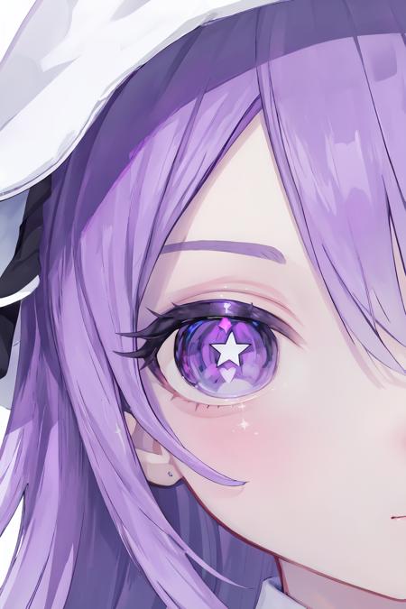 1girl, solo, eye focus, purple eyes, purple hair, looking at viewer, close-up, eyelashes, bangs, symbol-shaped pupils, star \(symbol\), rabbit, sparkle, to-style, beautiful eyes