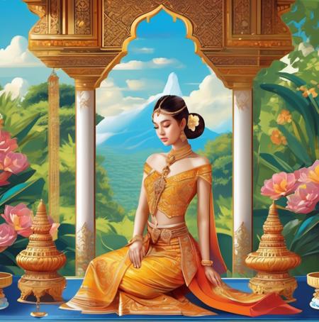 isometric style (masterpiece), best quality, ultra high res, ,(1girl:1.3) , (princess:1.3),sitting,beautiful face,( thailand ancient tradition palace:1.3),( garden:1.3),(cute girl:1.3), (day:1.3), blue sky, ( thai traditional dress:1.3),(traditional body strap:1.2) ,detailed background , big breasts , hair_bun, hair_ornament, hair_stick, jewelry , necklace, (seductive:1.3) , (intent looking:1.5) ,( looking at viewer:1.5),(from side view:1.5),  <lora:thaidressgirls:1> . vibrant, beautiful, crisp, detailed, ultra detailed, intricate