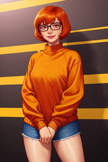 velma dace dinkley, 1girl freckles, glasses, orange_shirt, orange_sweater, short_hair, smile, sweater (masterpiece:1.2) (photorealistic:1.2) (bokeh) (best quality) (detailed skin:1.3) (intricate details) (8k) (HDR) (analog film) (canon d5) (cinematic lighting) (sharp focus) <lora:velmaDinkleyLora_velmaV1:1>