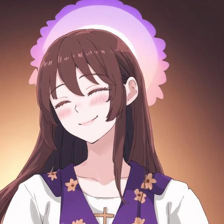 <lora:Jutofe_Akasonu:1.0>, blush, brown hair, closed eyes, eyes closed, flower, gradient hair, halo, long hair, multicolored hair, purple hair, saint, smile, solo, very long hair