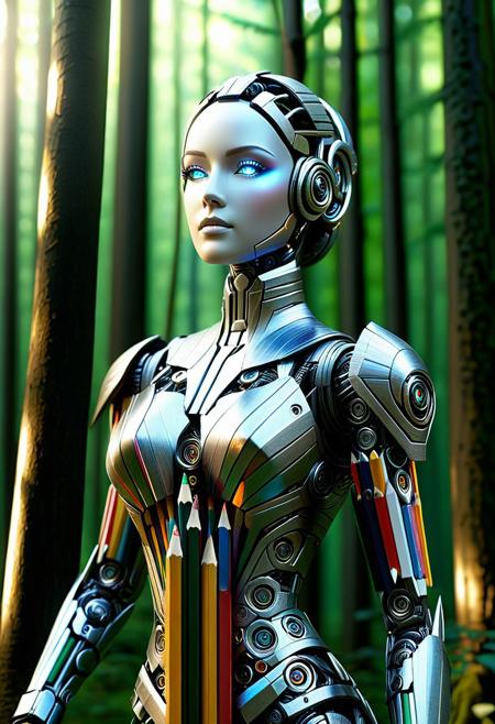 Ultrarealistic. sharp focus, dynamic lighting. play of light, reflection, refraction, Raytracing, Ultra detailed. (((Pencil_morph_style))) A gorgeous female robot made of pencil in a mystical forest.