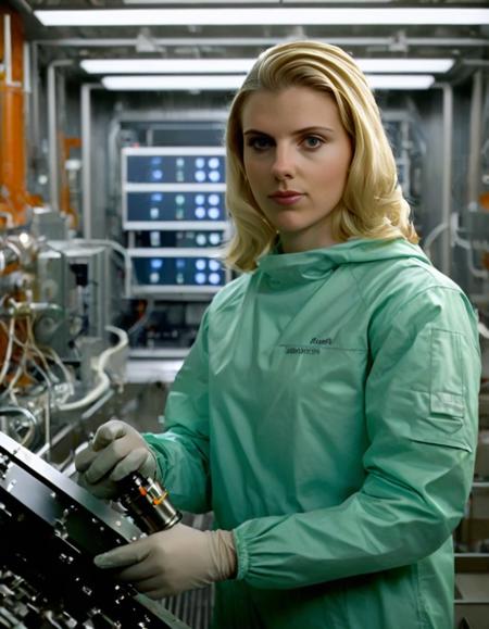 <lora:sc4rj0_SDXL_SGX:1.1>,a cinematic movie still (medium view:1.0)(beautiful 24 year old) (sc4rj0:1.2) woman with blond hair,as a nuclear physicist,wearing a (yellow hazmat suit:1.1),(holding a laser drill:1.3),repairing a (magnetic heliax turbine generator:1.3),inside a (nuclear fusion reactor lab:1.4),lit by (pulsing orange plasma arcs:1.3), (nervous smirk), face focus,sharp focus,depth of field,facing viewer,volumetric lighting,rich details,clear shadows and highlights,realistic,highly detailed,