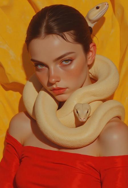 Nixport, A high-resolution photograph featuring a young woman with fair skin and a freckled complexion that adds depth and texture to her striking appearance. Her dark hair is pulled back tightly, emphasizing her angular, masculine jawline and highlighting her piercing blue eyes, which lock directly onto the camera with an intense, commanding gaze. Coiled around her head and neck is a large, cream-colored snake, its smooth, glossy scales catching the light. The snake's muscular body forms a striking frame, its head resting calmly on her shoulder, exuding both elegance and power. 
The woman wears a vivid red off-the-shoulder top, its bold hue sharply contrasting with her pale skin and the snake’s muted tones, drawing the viewer's focus to her upper body and face. The background features a textured, golden yellow fabric that radiates warmth and lends the composition an ethereal, surreal quality, further enhancing the exotic and otherworldly atmosphere. 
This mesmerizing and slightly unsettling image blends natural beauty with exotic elements in a bold, dramatic composition, creating a visual narrative that is both captivating and unforgettable. The interplay of color, texture, and form heightens the sense of tension and allure, making the photograph a truly evocative work of art.