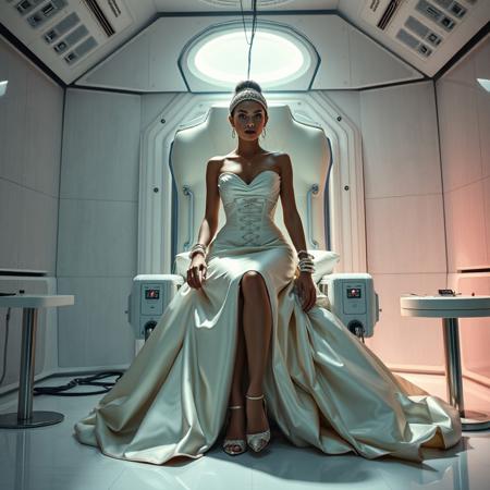 A slender, arrogant bride, dressed in a luxurious, rich fantasy satin wedding gown with a fitted, boned corset and a full, flared skirt, paired with satin high heels, orgasm face encased in beam of light from celling. The brainwashing headband,  connected to a  futuristic superconputer rack. Her hands and ankles are bound to a biomechanical white chair, adorned with wet-look glossy pearl pillows, by massive steel restraints, accentuating her ultra-thin waist. she is drugged from standing drop counter with weird medicine. The scene is set in a sterile, empty chamber, with a glossy mother-of-pearl finish, evoking a sense of futuristic dread. Inspired by the cinematic styles of Ridley Scott, Guillermo del Toro, and H.R. Giger, with a blend of sci-fi and horror elements, this full-body portrait is a masterpiece of cinematic storytelling, shot on a virtual v-raptor XL camera, with a warm, film-grained aesthetic, subtle vignette, and rich color grading, reminiscent of 35mm film, with dramatic, atmospheric lighting, inviting the viewer to immerse themselves in this epic, stunning scene.