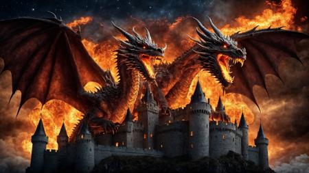 breathtaking picture of a magestic (3 heads:1.8) dragon on the top of a castle, flames everywhere, horns, spikes, vicious, clouds, night sky full of stars, (full body pose:1.5), Extremely high-resolution details, photographic, realism pushed to extreme, fine texture, incredibly lifelike, wallpaper, <lora:add-detail-xl:1.5>