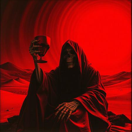 Dark artowrk of an cloaked ominous monk from the 70s-style pulp paintings, seated in a psychedelic desert, lifts a blood-dripping goblet toward a blood-red sun with his bony fingers. The sky ripples like heatwaves. The monks grinning skeletal face is barely visible. Duotone: black and deep red, bad photocopy style. Mood: Occult ritual meets grindhouse. Grim reaper, doom metal-style, gritty, desert ritual