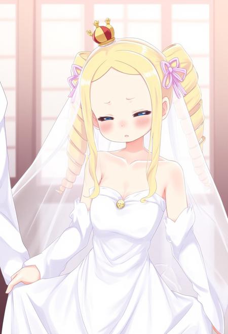beatrice \(re:zero\), 1girl, bare shoulders, blonde hair, blue eyes, blush, bridal veil, butterfly-shaped pupils, closed mouth, crown, dress, drill hair, elbow gloves, gloves, hair ribbon, holding another's arm, indoors, long hair, long sleeves, looking down, pink pupils, pink ribbon, ribbon, shirt, skirt hold, sleeveless, sleeveless dress, solo focus, symbol-shaped pupils, twin drills, twintails, veil, wavy mouth, wedding, wedding dress, white dress, white shirt, white sleeves, white veil