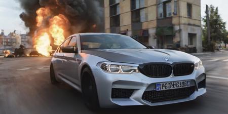 a bmw m5 driving away from an explosion with flames and an urban background, asphalt street, action stunt, movie, 8k uhd, hdr, high quality, cinematic lighting, 4k, 8k, (ultra-realistic:1.1), high-resolution, shot on Canon 5D, DSLR, 30mm <lora:bmw_m5:1>