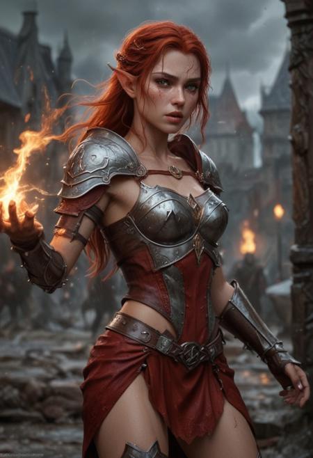 High resolution ultra-realistic of Beautiful Warrior Elf girl, 8k, capturing the intensity of the moment, cinematic lighting, standing on a bloody and stormy battlefield in bloody battle, wavy red hair, realistic dirty pale face, realistic dark brown eyes,  beautiful hourglass figure, burning in a medieval Town, intricately designed iron and silver armor, red mini skirt, LOTR Aesthetic, perfect athletic figure, beautiful Warrior elf girl, fire, ultra realistic, cinematic style, athletic figure, dark fantasy, dramatic lighting, wet and sweaty skin, dirty skin, athletic figure, dark fantasy, dramatic lighting, Greg Rutkowski style,, Warrior Elf girl on in iron armor, hyper-detailed, hyper-realistic, bright colours, Attractive 21 old years girl, Attractive, beautiful firm Breasts, sharp focus, digital painting, Photograph Taken on Nikon D750, Alphonse Mucha, 8K, athletic figure, Hyperdetailed, hyperrealism, Attractive, Attractive bust girl, asymmetric balance