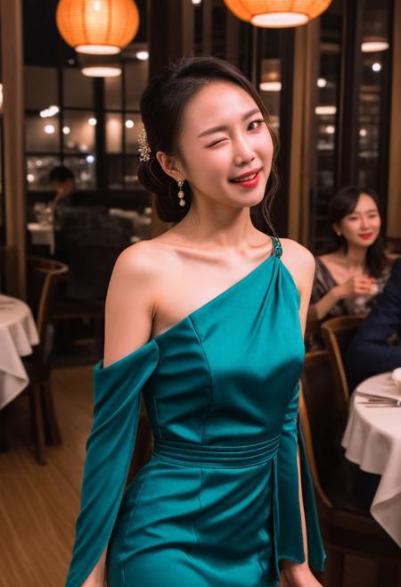 winkingeye, woman, asian, beautiful eveningwear clothing. RAW photo, 8k uhd, dslr, soft lighting, film grain, Fujifilm XT3, ((hetero)), , full body photo, , winking, mouth slightly open, in a restaurant