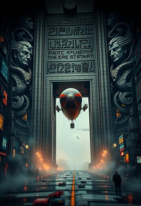 A steam-powered dirigible hovers before a vast monolithic gate, inscribed with forgotten AI-era script,  intricate storytelling, cinematic quality, vibrant urban landscape, shallow depth of field, striking mural, colorful reflections, haunting shadows, eerie and otherworldly elements, dynamic shapes, ancient landscape