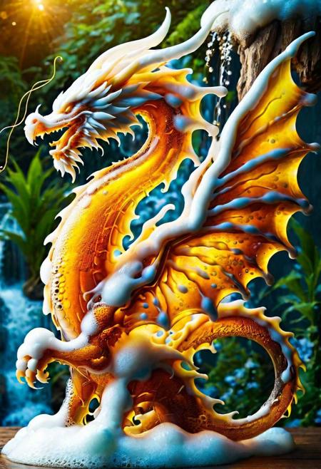 macro photo, a beautiful translucent glass dragon that glows within, glowing lights, beautiful waterfall , made out of multicolored transparent delicate glass, magical sparkles,vibrant whimsical colors <lora:ral-beer:1> made of ral-beer