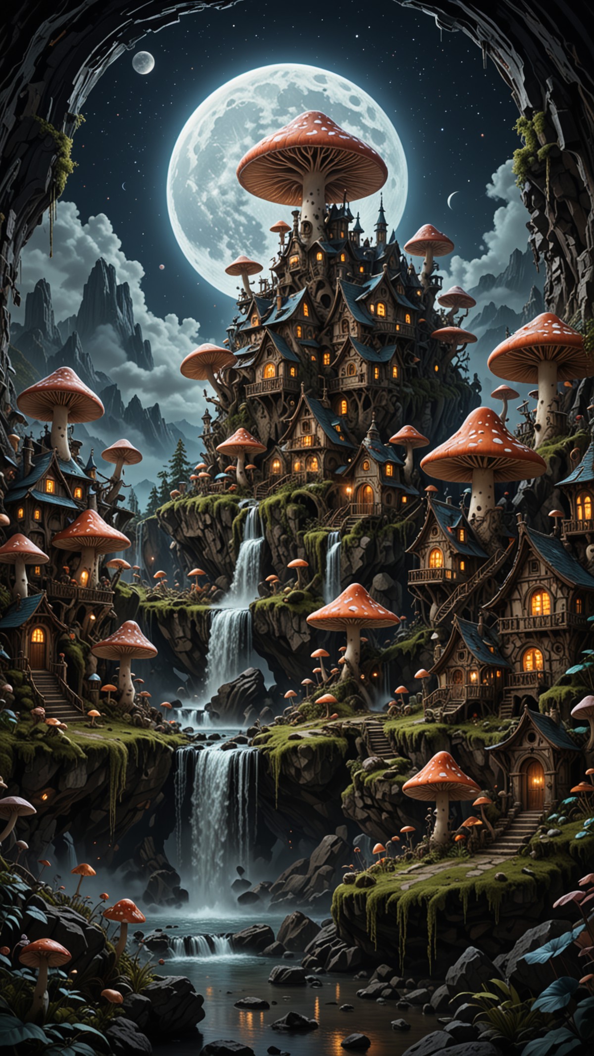 Huge Mushroom Village, houses, at Night, moon, Large waterfall, magnificent, celestial, ethereal, painterly, epic, majesti...