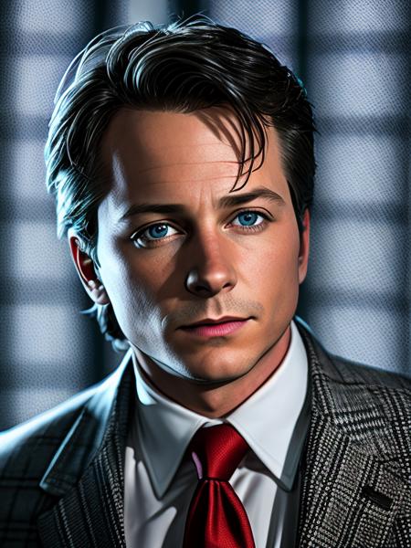 photo of (MartyMcFly:0.99) in a black houndstooth suit, with red tie, standing in the dark at night, with a streetlight background, detailed face, realistic skin, high quality, (bluegrey eyes:1.1), Leica 50mm, f1. 4, natural light, grainy, (high detailed skin:1.2), high detail