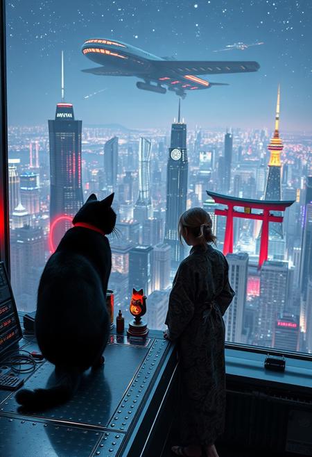 A sleek black cat with red collar sits on a cluttered metal riveted desk with transparent top and rgb led computer components visible inside, On the desk are a maneki neko statue and a lava lamp, the Black Cat is looking out of a seamless and futuristic floor to ceiling window that looks out at thousands of enormous wide and tall futuristic skyscrapers from a large window in a descending spaceship, a beautiful woman, 24 years old, is standing next to the cat looking out at the enormous city at night, filled with buildings of many shapes and sizes, some over a mile tall))), the woman is dressed in an ornate Japanese style bath robe. An enormous deco starship with futuristic lighting and design is visible high above the city, and a space station is visible in the background among the stars, The woman's hair is messy from just waking up and tied up with a ribbon. Artistic cyberpunk, dynamic perspective, (((overall architectural aesthetic is Art Deco Cyberpunk))).  (((A large futuristic building shaped like a torii gate stands among the enormous tokyo structures,)))